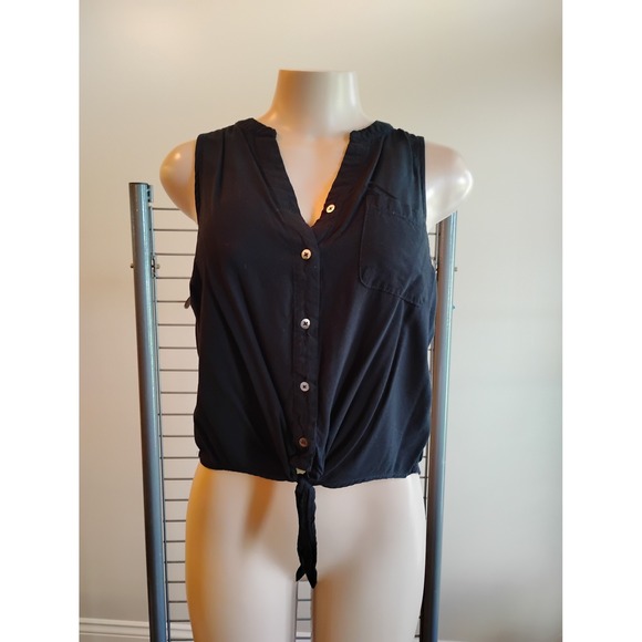 a new day Tops - A New Day Womens XS Black Tie Front Sleeveless Button Down Mixed Media Top